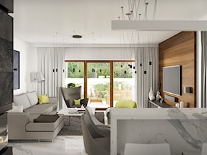 Projekt wnętrz małego domu jednorodzinnego - Duży biały salon z jadalnią, styl nowoczesny - zdjęcie od KJ Architekci