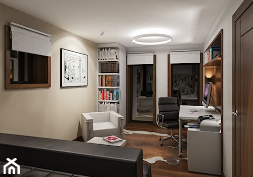 Projekt wnętrz domu w Warszawie - Średnie w osobnym pomieszczeniu z sofą beżowe białe biuro, styl nowoczesny - zdjęcie od KJ Architekci