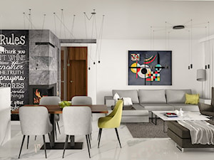 Projekt wnętrz małego domu jednorodzinnego - Średni biały salon z kuchnią z jadalnią z tarasem / balkonem, styl nowoczesny - zdjęcie od KJ Architekci