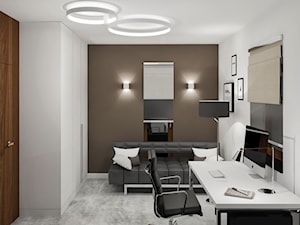 Projekt wnętrz małego domu jednorodzinnego - Średnie w osobnym pomieszczeniu z sofą białe brązowe biuro, styl nowoczesny - zdjęcie od KJ Architekci