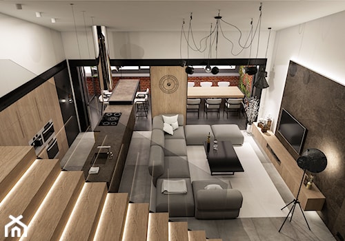 Wnętrze eleganckiego loftu - Duży biały brązowy salon z kuchnią z jadalnią, styl industrialny - zdjęcie od KJ Architekci