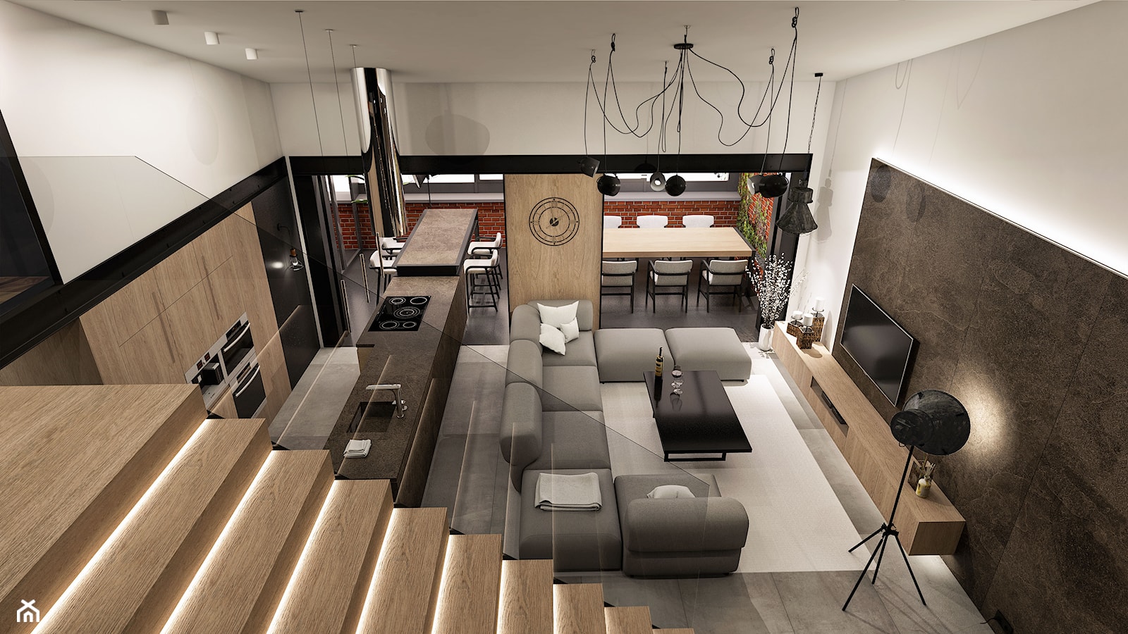Wnętrze eleganckiego loftu - Duży biały brązowy salon z kuchnią z jadalnią, styl industrialny - zdjęcie od KJ Architekci - Homebook
