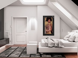 Przebudowa wnętrz willi w stylu glamour - Duża biała szara sypialnia na poddaszu, styl glamour - zdjęcie od KJ Architekci
