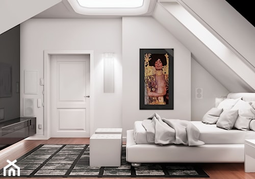 Przebudowa wnętrz willi w stylu glamour - Duża biała szara sypialnia na poddaszu, styl glamour - zdjęcie od KJ Architekci