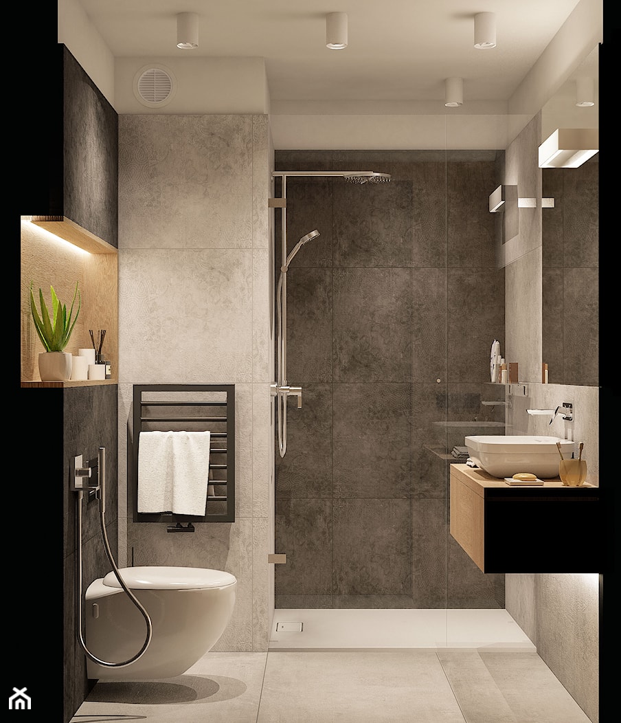 Wnętrze eleganckiego loftu - Średnia bez okna z lustrem z punktowym oświetleniem łazienka, styl industrialny - zdjęcie od KJ Architekci - Homebook