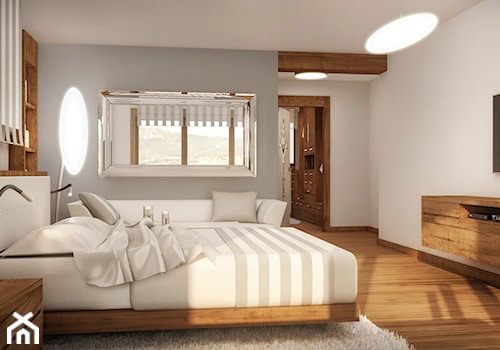 Wnętrza willi górskiej - Duża biała szara sypialnia z balkonem / tarasem, styl nowoczesny - zdjęcie od KJ Architekci