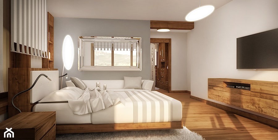 Wnętrza willi górskiej - Duża biała szara sypialnia z balkonem / tarasem, styl nowoczesny - zdjęcie od KJ Architekci