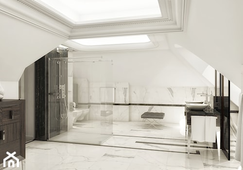 Przebudowa wnętrz willi w stylu glamour - Duża na poddaszu z lustrem z dwoma umywalkami z marmurową podłogą łazienka z oknem, styl glamour - zdjęcie od KJ Architekci