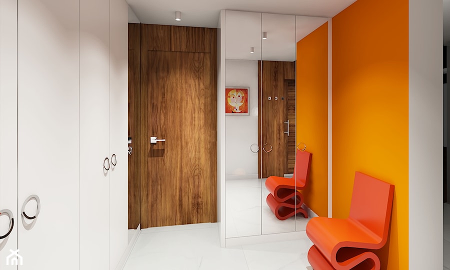 Projekt wnętrz domu w Warszawie - Średni biały pomarańczowy hol / przedpokój, styl nowoczesny - zdjęcie od KJ Architekci