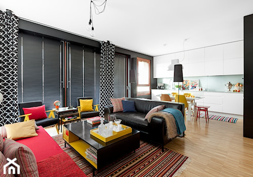 Mieszkanie Architekta - Mały czarny szary salon z kuchnią z jadalnią, styl nowoczesny - zdjęcie od Black Oak Studio
