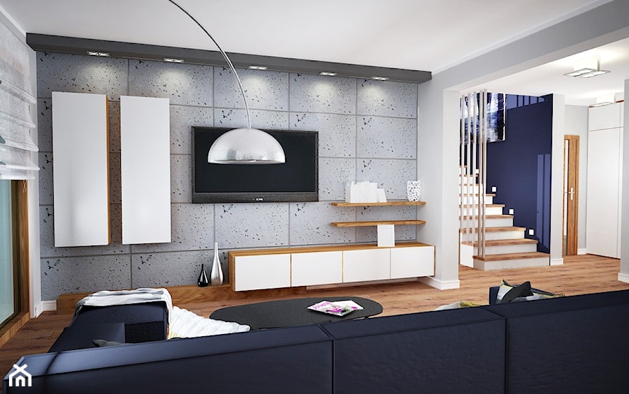 Granatowa strona betonu - Średni szary salon, styl nowoczesny - zdjęcie od PTW Studio
