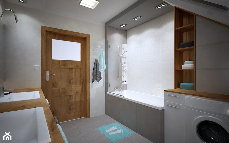 Łazienka na poddaszu - Średnia bez okna z pralką / suszarką z dwoma umywalkami z punktowym oświetleniem łazienka, styl nowoczesny - zdjęcie od PTW Studio
