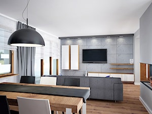 Granatowa strona betonu - Średni szary salon z jadalnią, styl nowoczesny - zdjęcie od PTW Studio