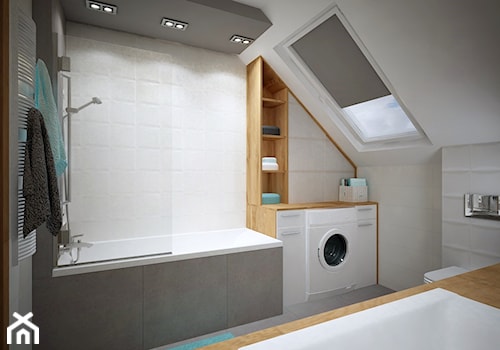Łazienka na poddaszu - Średnia na poddaszu z pralką / suszarką z punktowym oświetleniem łazienka z oknem, styl nowoczesny - zdjęcie od PTW Studio