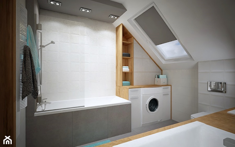 Łazienka na poddaszu - Średnia na poddaszu z pralką / suszarką z punktowym oświetleniem łazienka z oknem, styl nowoczesny - zdjęcie od PTW Studio
