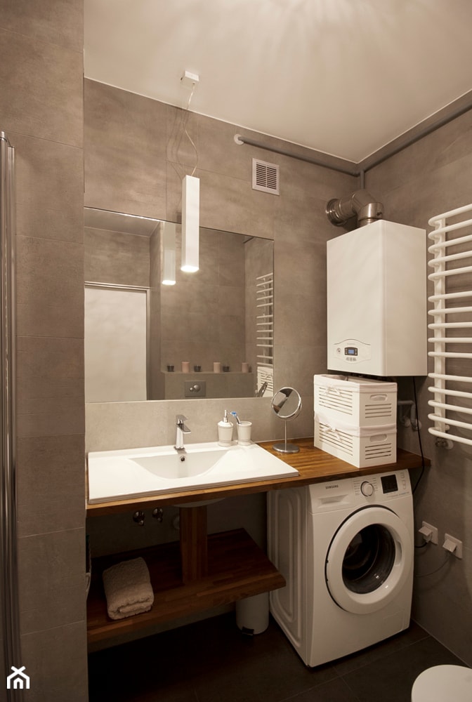 Mieszkanie dla młodych - Mała bez okna z pralką / suszarką łazienka, styl nowoczesny - zdjęcie od Za murami za dachami - Homebook