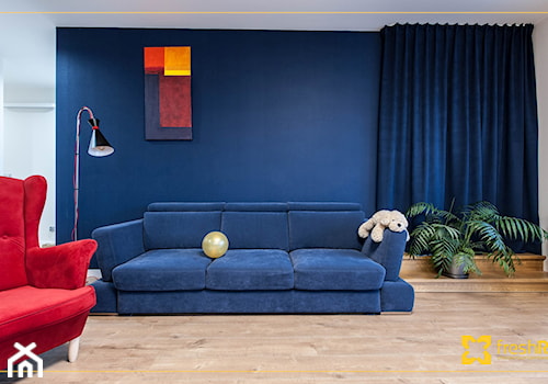 Realizacja:: Mieszkanie 90m2 w Krakowie - Średni biały niebieski salon, styl nowoczesny - zdjęcie od freshR - pracownia projektowa