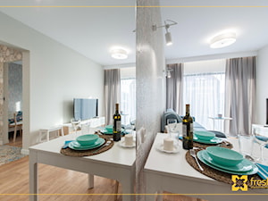 Realizacja:: 2-pokojowe mieszkanie 35 m2 w Krakowie - Mały szary salon z jadalnią, styl nowoczesny - zdjęcie od freshR - pracownia projektowa