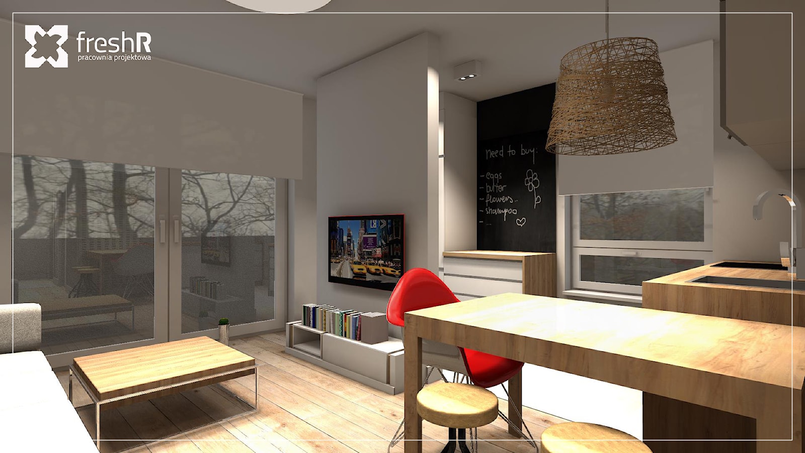 Długie i wąskie - 45m2 - Mały szary salon z kuchnią z jadalnią, styl nowoczesny - zdjęcie od freshR - pracownia projektowa - Homebook