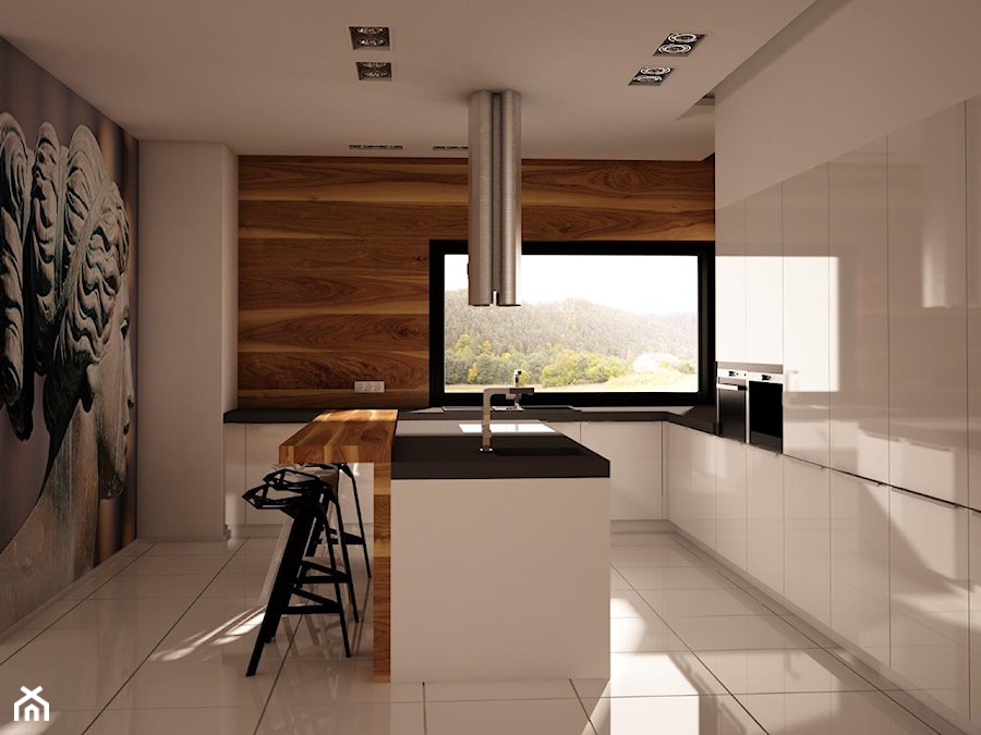 Duża otwarta brązowa z zabudowaną lodówką z podblatowym zlewozmywakiem kuchnia w kształcie litery l z wyspą lub półwyspem, styl nowoczesny - zdjęcie od AFD Interiors