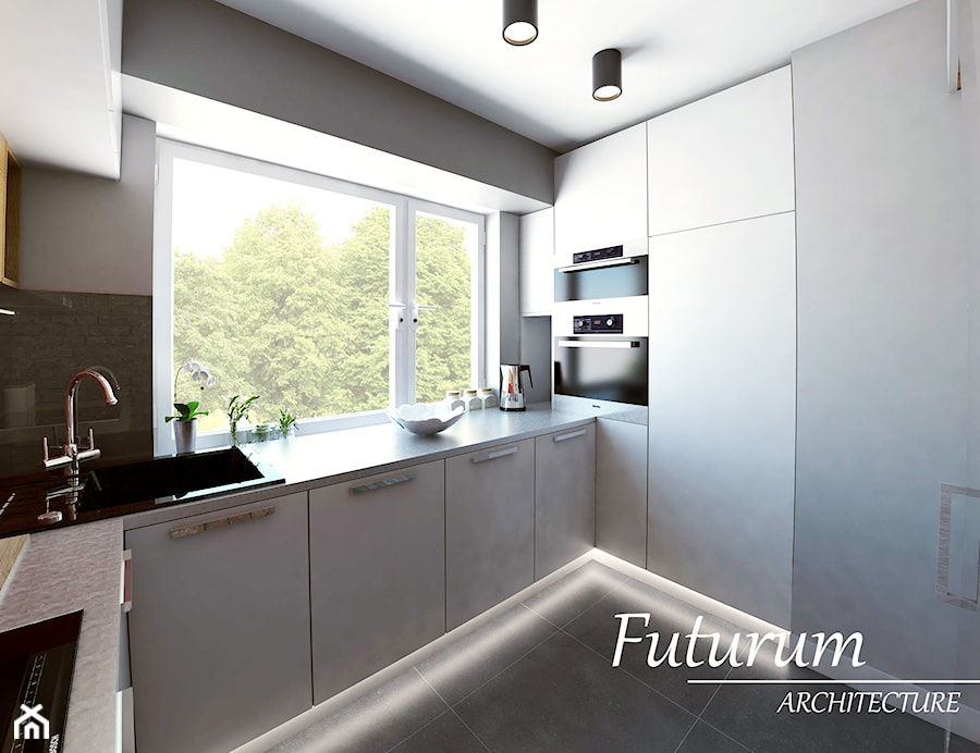 Projekt wnętrza mieszkania, Olkusz - Średnia zamknięta z kamiennym blatem szara z zabudowaną lodówką z nablatowym zlewozmywakiem kuchnia w kształcie litery u z oknem, styl nowoczesny - zdjęcie od FUTURUM ARCHITECTURE