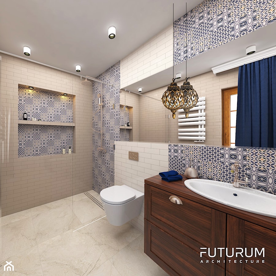 Projekt wnętrza domu pod Warszawą, styl klasyczny - Średnia na poddaszu z lustrem łazienka z oknem, styl rustykalny - zdjęcie od FUTURUM ARCHITECTURE