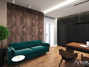Projekt wnętrza domu jednorodzinnego, Zyrardów - Średnie w osobnym pomieszczeniu z sofą beżowe białe brązowe biuro, styl nowoczesny - zdjęcie od FUTURUM ARCHITECTURE