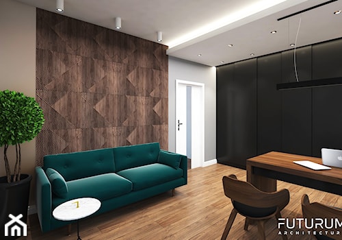 Projekt wnętrza domu jednorodzinnego, Zyrardów - Średnie w osobnym pomieszczeniu z sofą beżowe białe brązowe biuro, styl nowoczesny - zdjęcie od FUTURUM ARCHITECTURE
