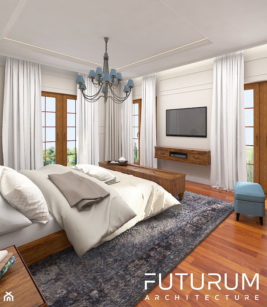 Projekt wnętrza domu pod Warszawą, styl klasyczny - Średnia biała sypialnia z balkonem / tarasem, styl rustykalny - zdjęcie od FUTURUM ARCHITECTURE