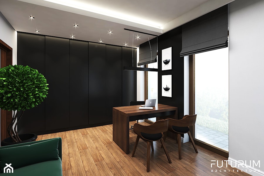 Projekt wnętrza domu jednorodzinnego, Zyrardów - Średnie w osobnym pomieszczeniu z sofą białe czarne biuro, styl nowoczesny - zdjęcie od FUTURUM ARCHITECTURE