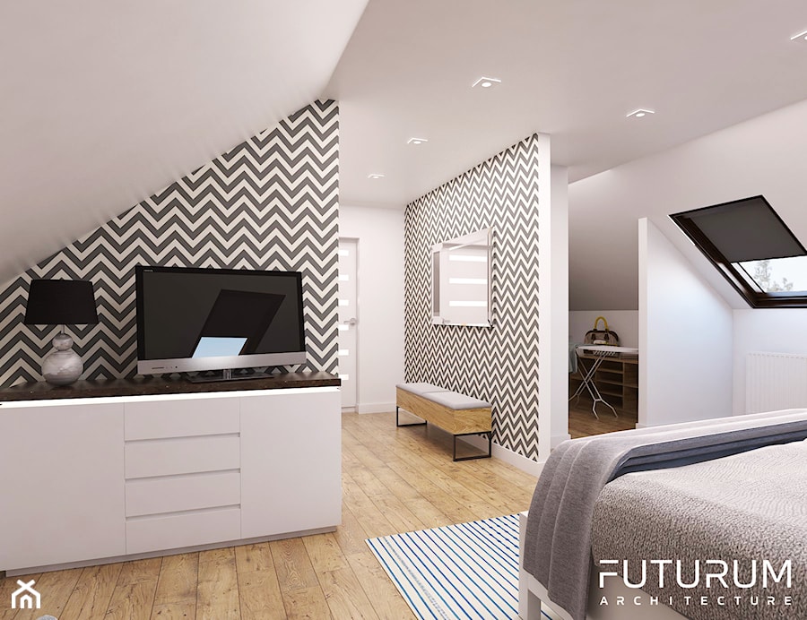 Projekt wnętrza, Łomża - Średnia sypialnia na poddaszu z garderobą z łazienką, styl nowoczesny - zdjęcie od FUTURUM ARCHITECTURE