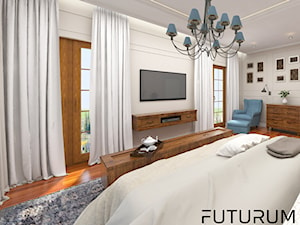 Projekt wnętrza domu pod Warszawą, styl klasyczny - Duża beżowa sypialnia z balkonem / tarasem, styl rustykalny - zdjęcie od FUTURUM ARCHITECTURE
