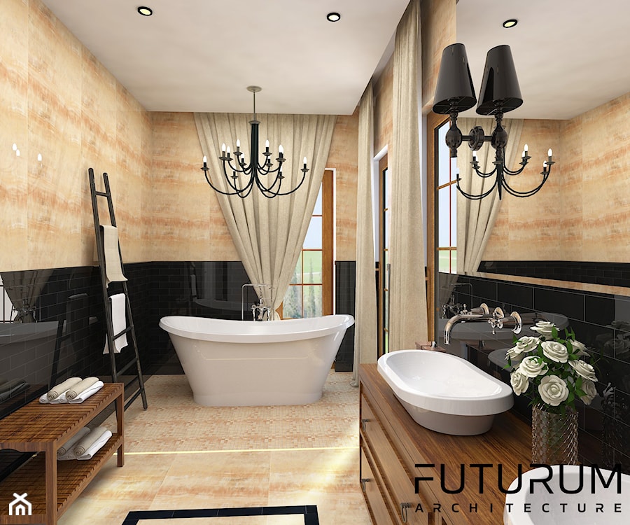 Projekt wnętrza domu pod Warszawą, styl klasyczny - Średnia z lustrem z punktowym oświetleniem łazienka z oknem, styl rustykalny - zdjęcie od FUTURUM ARCHITECTURE