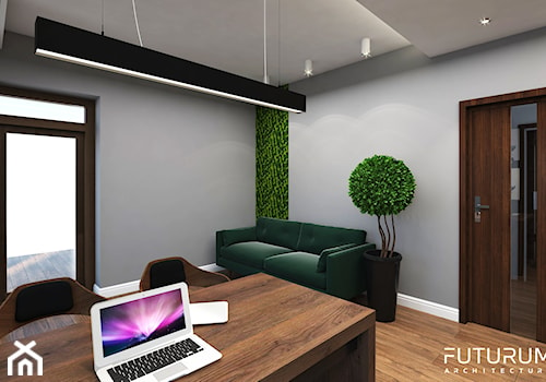 Projekt wnętrza domu jednorodzinnego, Zyrardów - Średnie w osobnym pomieszczeniu z sofą szare zielone biuro, styl nowoczesny - zdjęcie od FUTURUM ARCHITECTURE