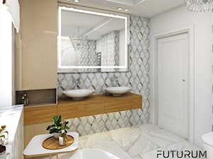 Projekt wnętrza domu w Krakowie - Mała z lustrem z dwoma umywalkami z punktowym oświetleniem łazienka z oknem, styl glamour - zdjęcie od FUTURUM ARCHITECTURE