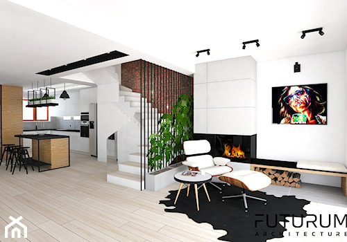 Projekt domu pod Warszawą - Średni biały salon z kuchnią z jadalnią, styl skandynawski - zdjęcie od FUTURUM ARCHITECTURE