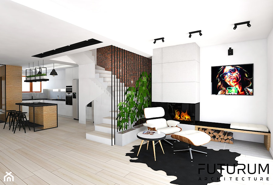 Projekt domu pod Warszawą - Średni biały salon z kuchnią z jadalnią, styl skandynawski - zdjęcie od FUTURUM ARCHITECTURE