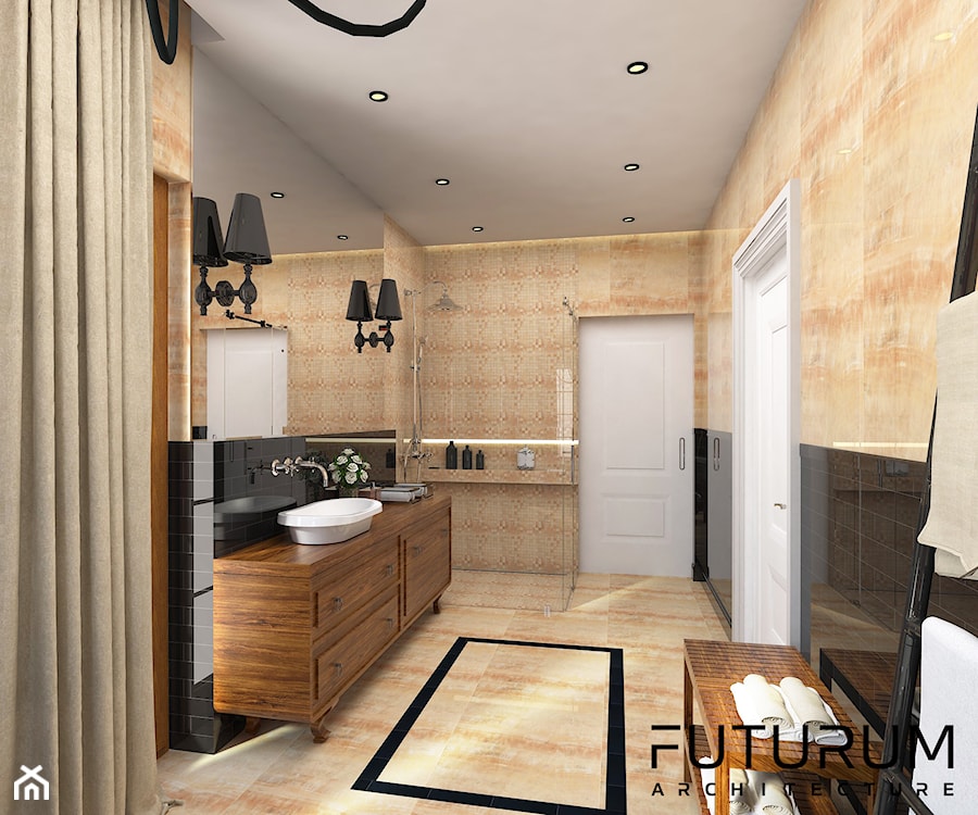 Projekt wnętrza domu pod Warszawą, styl klasyczny - Średnia na poddaszu bez okna z lustrem z marmurową podłogą z punktowym oświetleniem łazienka, styl rustykalny - zdjęcie od FUTURUM ARCHITECTURE