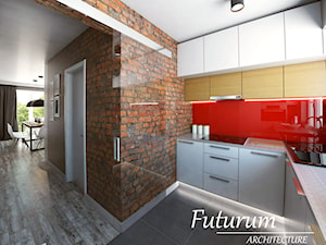 Projekt wnętrza mieszkania, Olkusz - Średnia otwarta z kamiennym blatem czerwona z zabudowaną lodówką z nablatowym zlewozmywakiem kuchnia w kształcie litery l z oknem, styl nowoczesny - zdjęcie od FUTURUM ARCHITECTURE