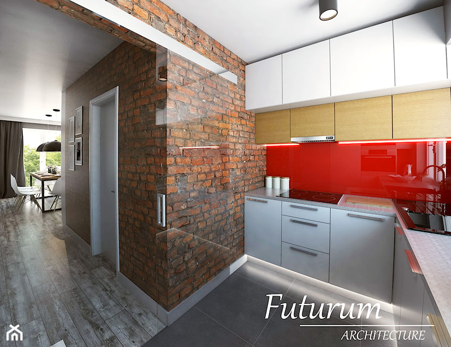 Projekt wnętrza mieszkania, Olkusz - Średnia otwarta z kamiennym blatem czerwona z zabudowaną lodówką z nablatowym zlewozmywakiem kuchnia w kształcie litery l z oknem, styl nowoczesny - zdjęcie od FUTURUM ARCHITECTURE