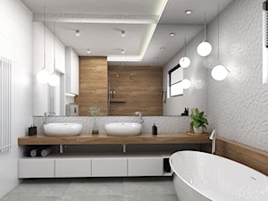 Projekt wnętrz domu jednorodzinnego w Śremie. - Średnia z lustrem z dwoma umywalkami z punktowym oświetleniem łazienka z oknem, styl nowoczesny - zdjęcie od FUTURUM ARCHITECTURE