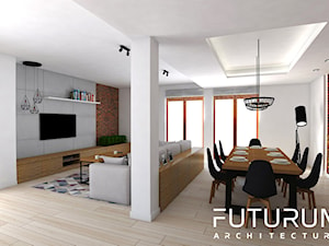 Projekt domu pod Warszawą - Średni biały brązowy salon z jadalnią, styl skandynawski - zdjęcie od FUTURUM ARCHITECTURE