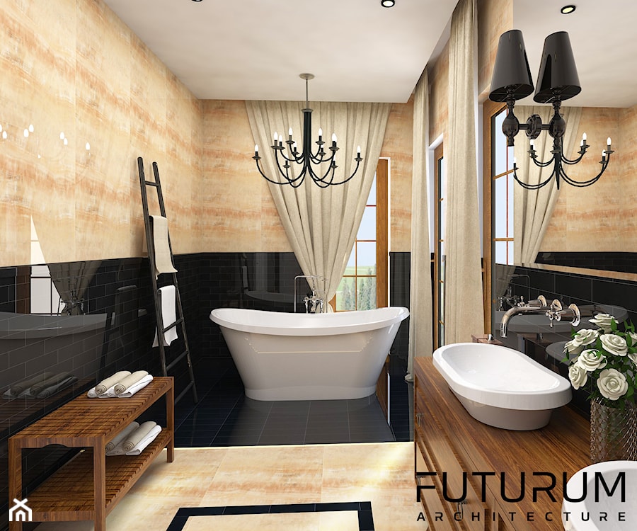 Projekt wnętrza domu pod Warszawą, styl klasyczny - Średnia z lustrem z marmurową podłogą z punktowym oświetleniem łazienka z oknem, styl rustykalny - zdjęcie od FUTURUM ARCHITECTURE
