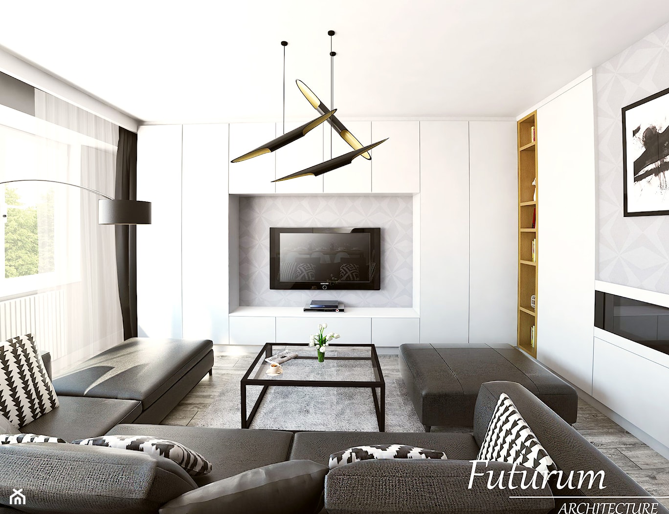 Projekt wnętrza mieszkania, Olkusz - Średni biały czarny szary salon, styl skandynawski - zdjęcie od FUTURUM ARCHITECTURE - Homebook