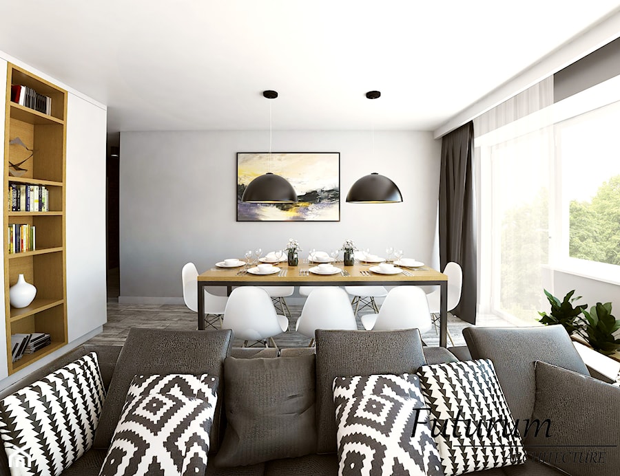 Projekt wnętrza mieszkania, Olkusz - Średni biały szary salon z jadalnią, styl skandynawski - zdjęcie od FUTURUM ARCHITECTURE