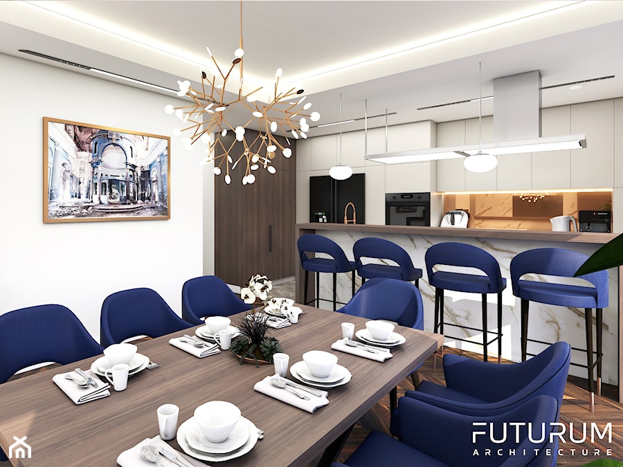 Elegancki granat- Projekt wnętrza apartamentu w Kielcach. - Duża otwarta z kamiennym blatem szara z zabudowaną lodówką z lodówką wolnostojącą kuchnia dwurzędowa z wyspą lub półwyspem, styl glamour - zdjęcie od FUTURUM ARCHITECTURE