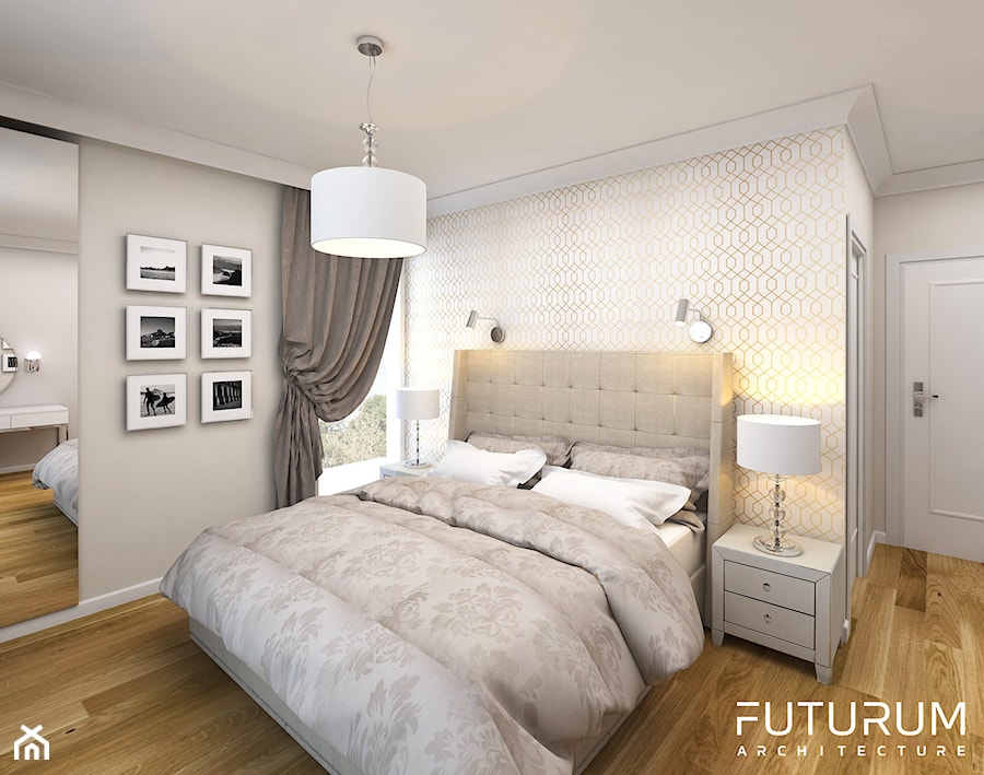 Projekt wnętrza domu w Krakowie - Średnia beżowa szara sypialnia, styl glamour - zdjęcie od FUTURUM ARCHITECTURE