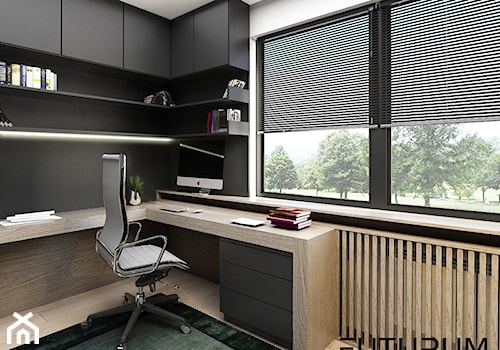 Projekt wnętrz domu jednorodzinnego w Śremie. - Średnie w osobnym pomieszczeniu z zabudowanym biurkiem czarne biuro, styl nowoczesny - zdjęcie od FUTURUM ARCHITECTURE