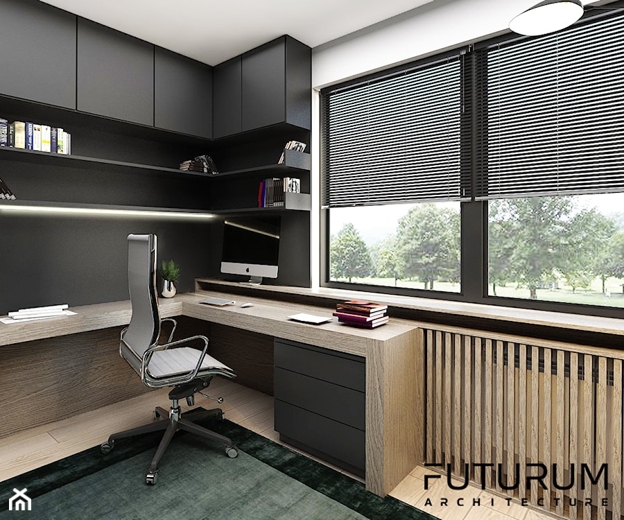 Projekt wnętrz domu jednorodzinnego w Śremie. - Średnie w osobnym pomieszczeniu z zabudowanym biurkiem czarne biuro, styl nowoczesny - zdjęcie od FUTURUM ARCHITECTURE