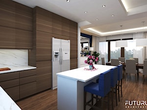 Projekt wnętrza domu jednorodzinnego, Zyrardów - Duża otwarta z zabudowaną lodówką kuchnia w kształcie litery l z wyspą lub półwyspem z oknem, styl nowoczesny - zdjęcie od FUTURUM ARCHITECTURE